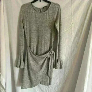 Lulus Favorite Tune Heather Gray Faux Wrap Dress with bell sleeves Size S